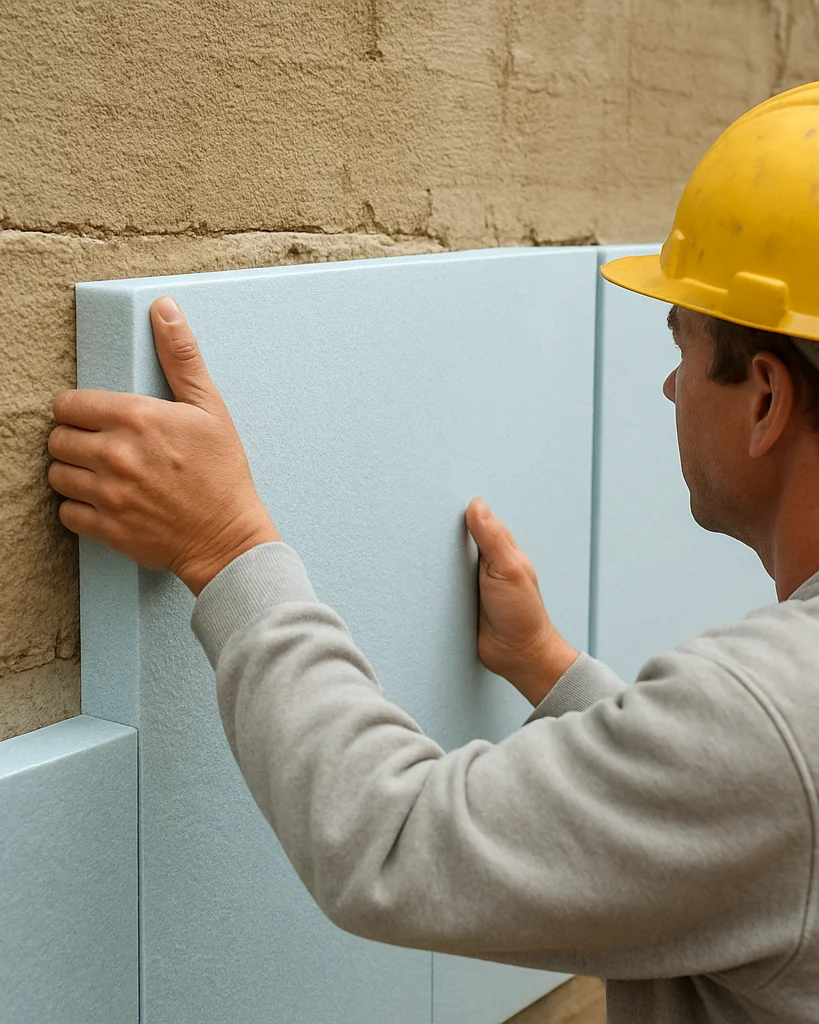 Close documentary photograph of insulation boards being fixed to a building substrate by hand, natural practical site li