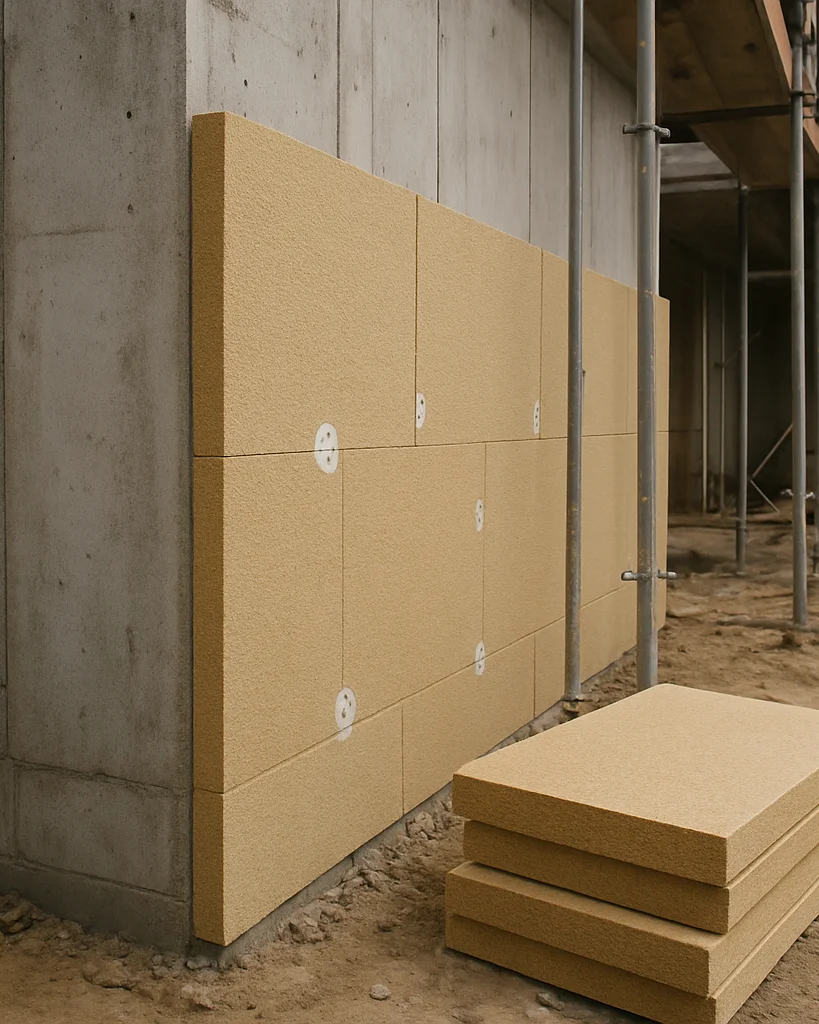 Documentary construction photograph of thermal insulation boards being fitted against a concrete structural wall on an a