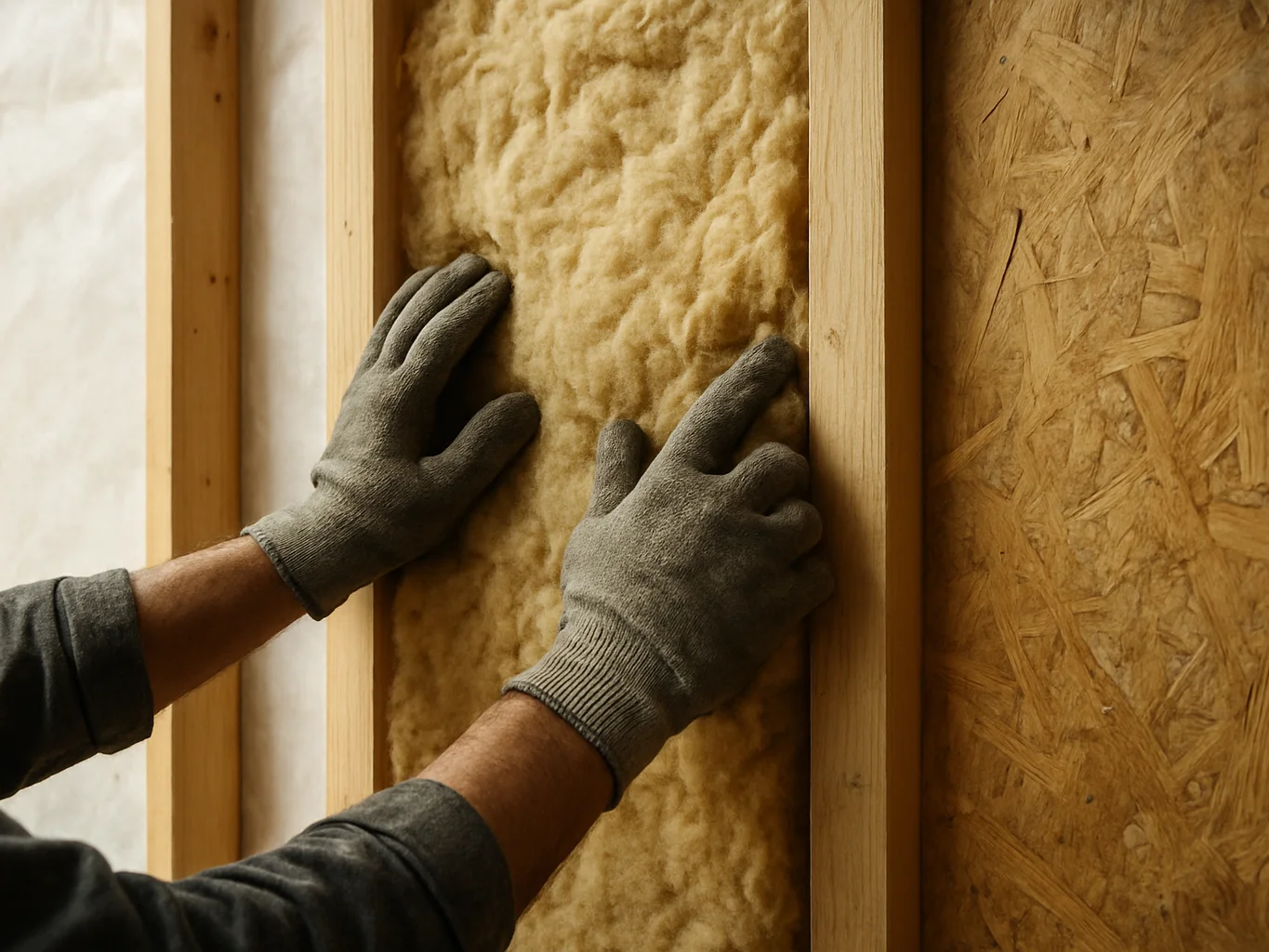 Close detail of mineral wool insulation being fitted into an exterior wall cavity on a building under construction, work