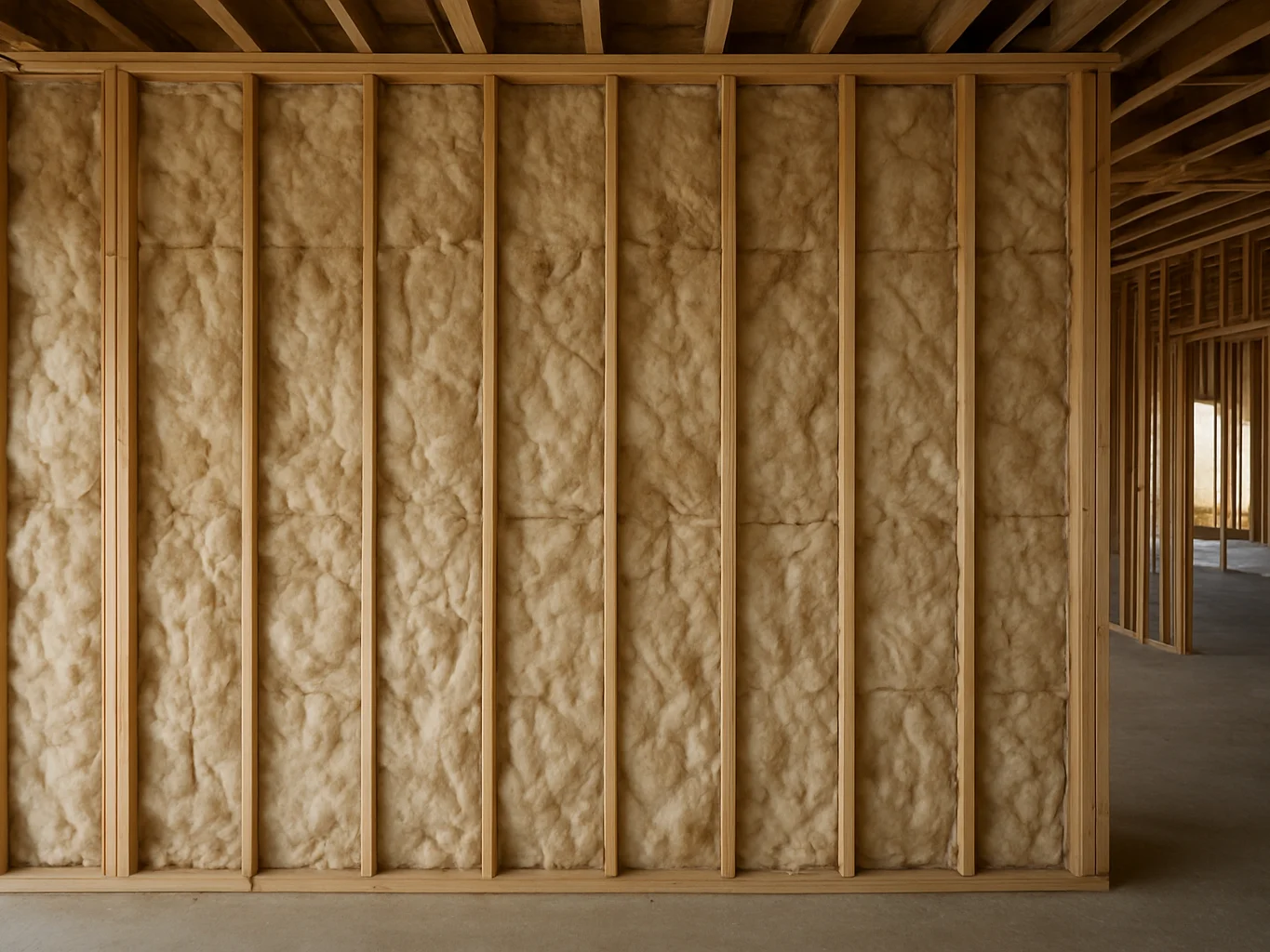 Installed acoustic batts within an interior partition frame before board closure, wider view of a building interior unde