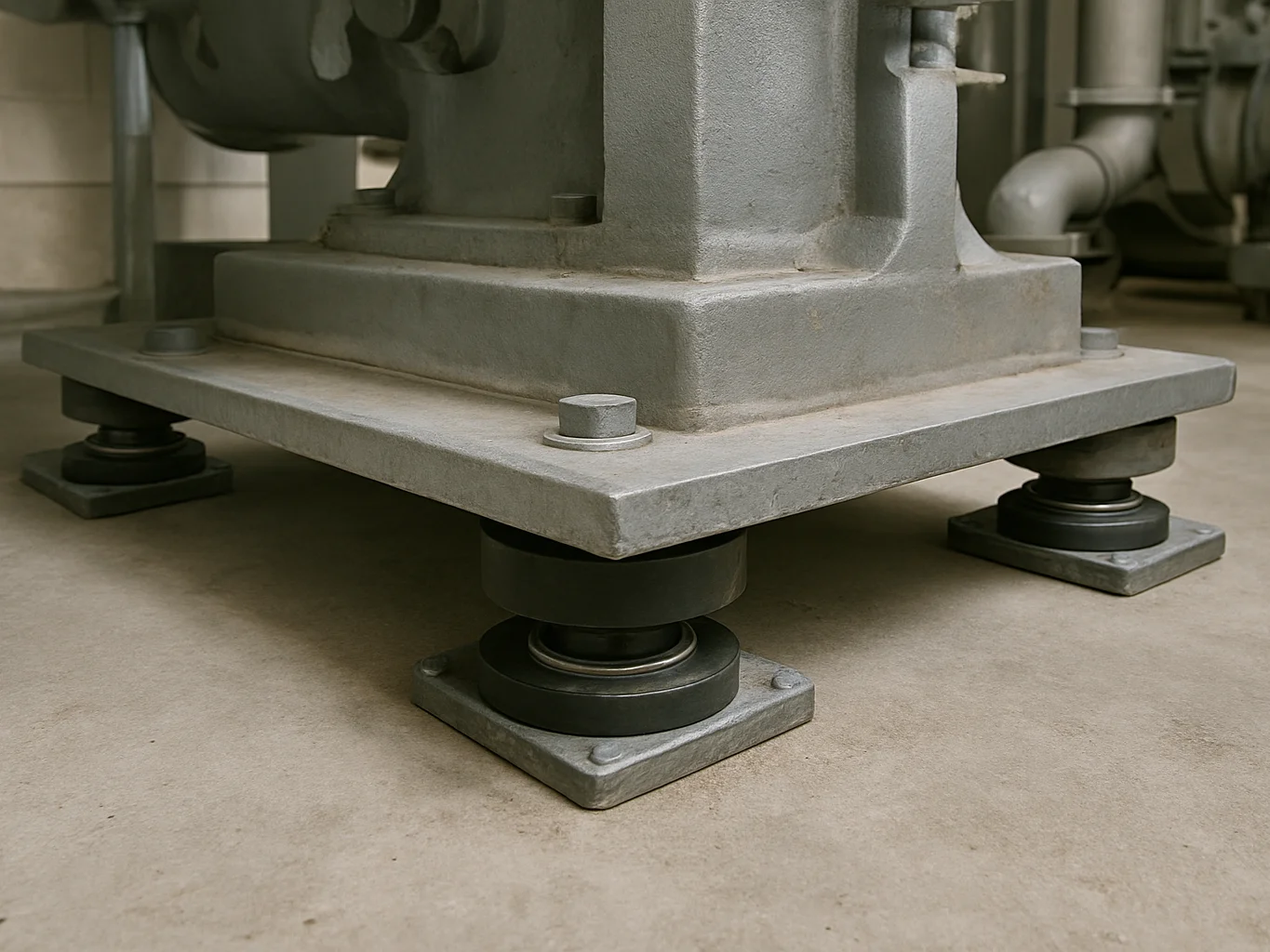 Vibration isolation pads placed beneath a mechanical equipment base in a plant room, close detail of material and fittin