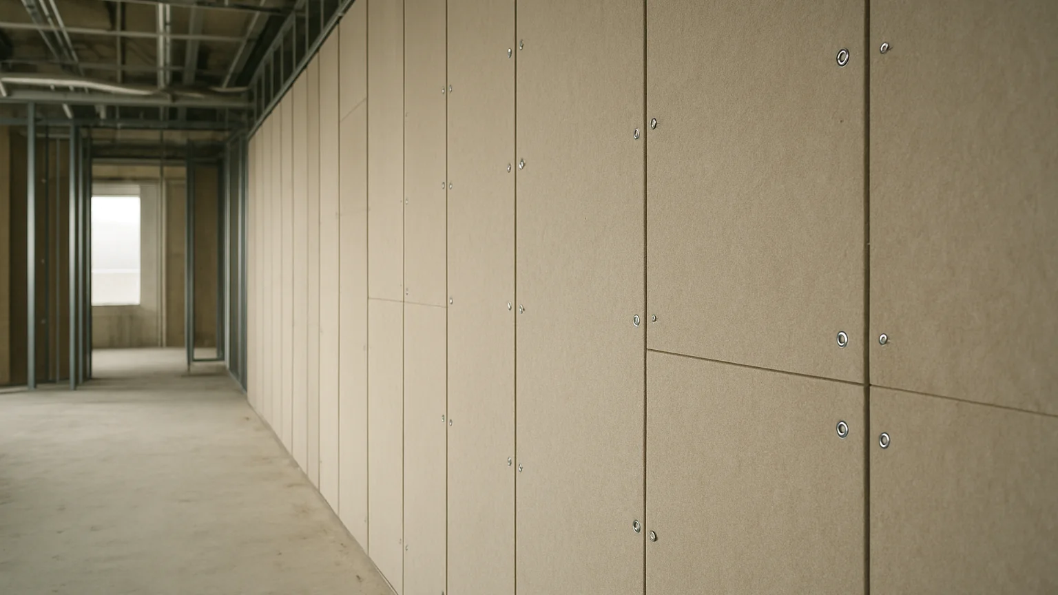 Documentary construction photograph, wide interior view of a high-density acoustic partition wall under installation in