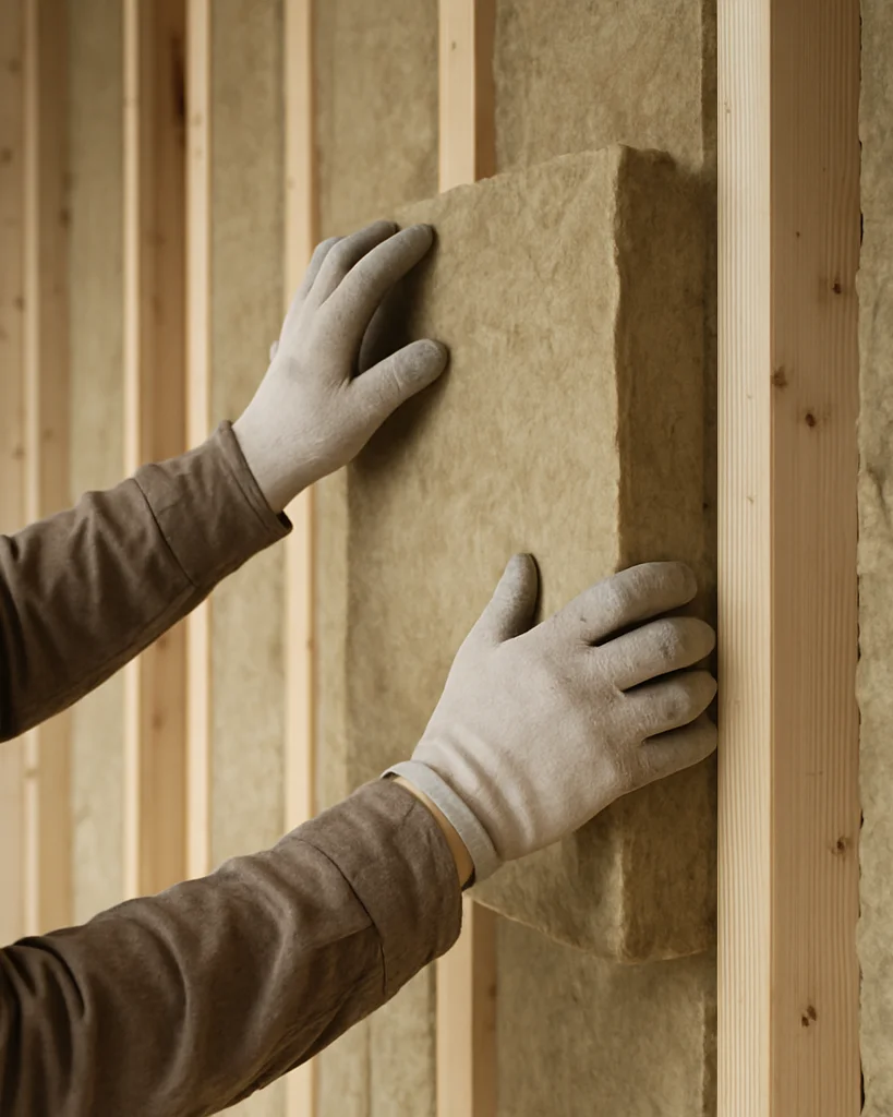 Documentary construction photograph of thermal insulation being fitted between structural framing in an active building,