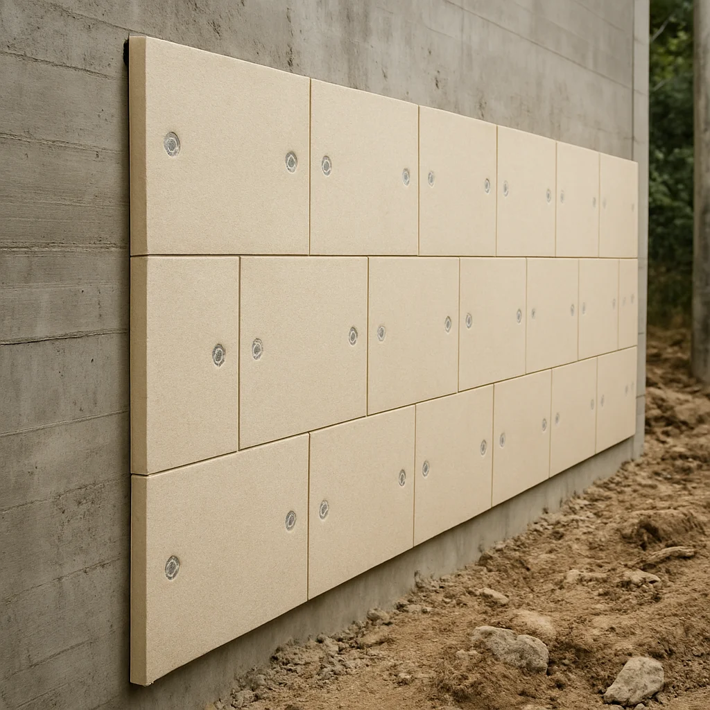Documentary construction photograph, rigid insulation boards fixed to a structural concrete wall with visible mechanical