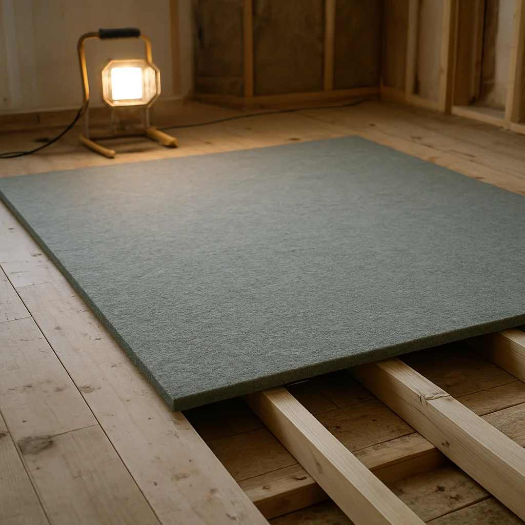 Documentary construction photograph, acoustic isolation layer laid across a residential floor assembly before subfloor c