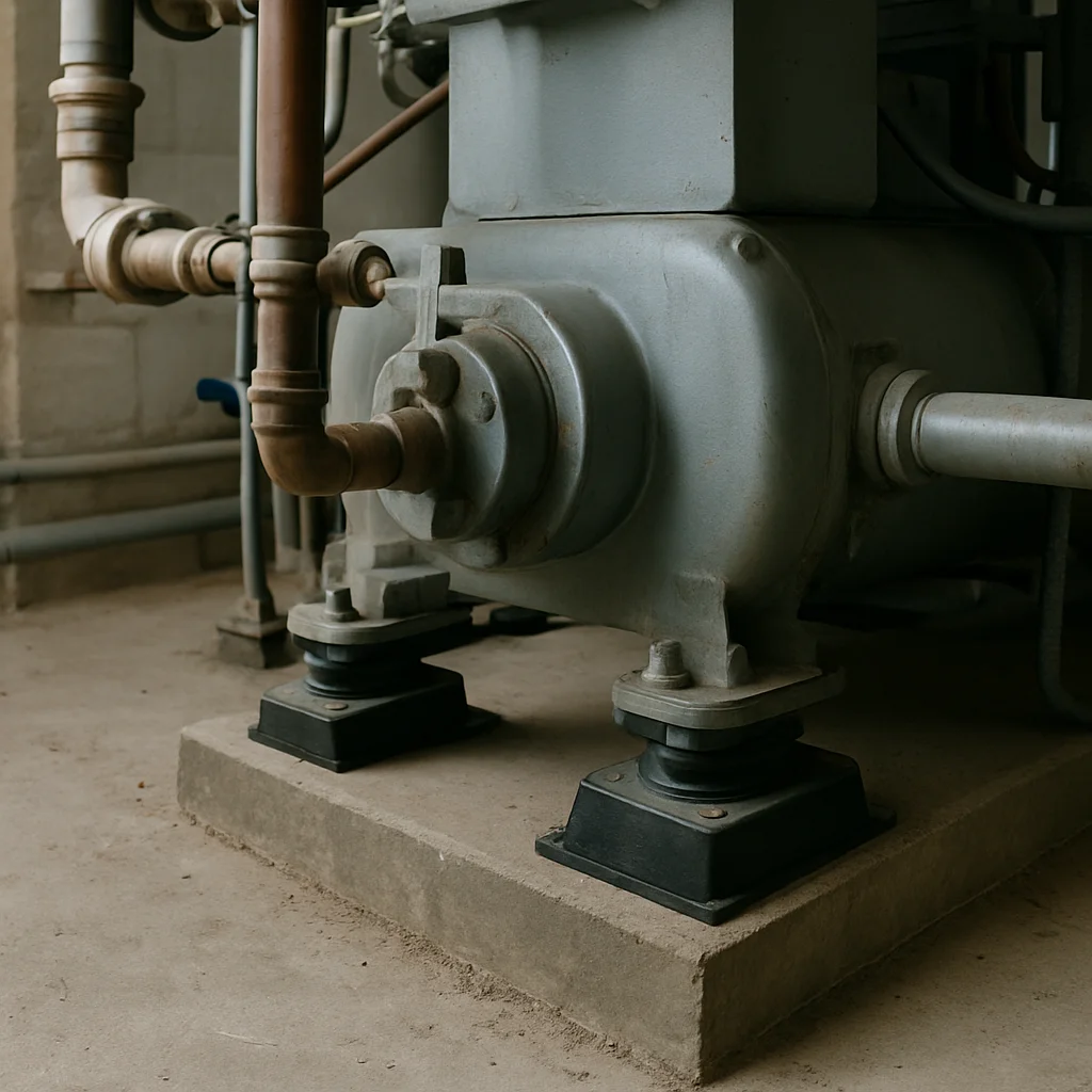Documentary construction photograph, vibration isolation pads installed beneath mechanical equipment in a utility room,