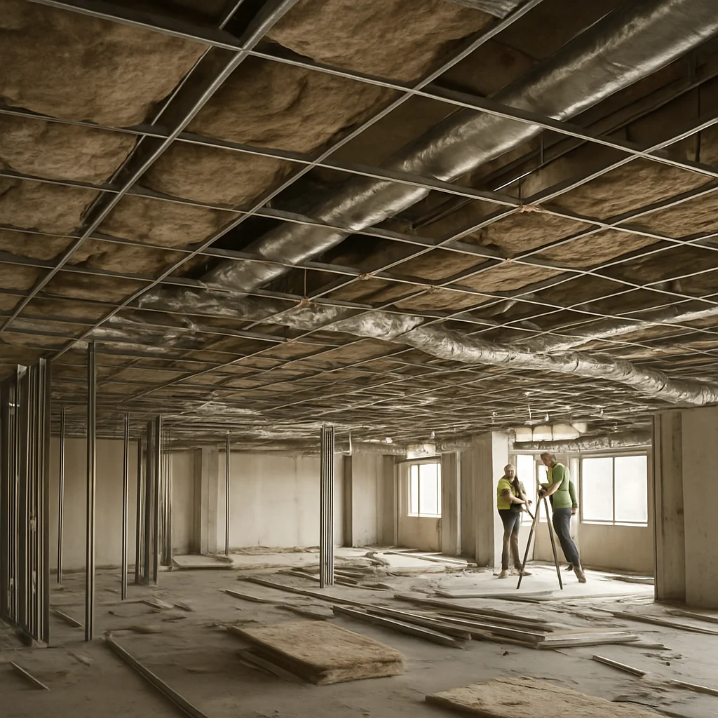 Documentary construction photograph, wide view of an insulated commercial office ceiling void during installation, worke
