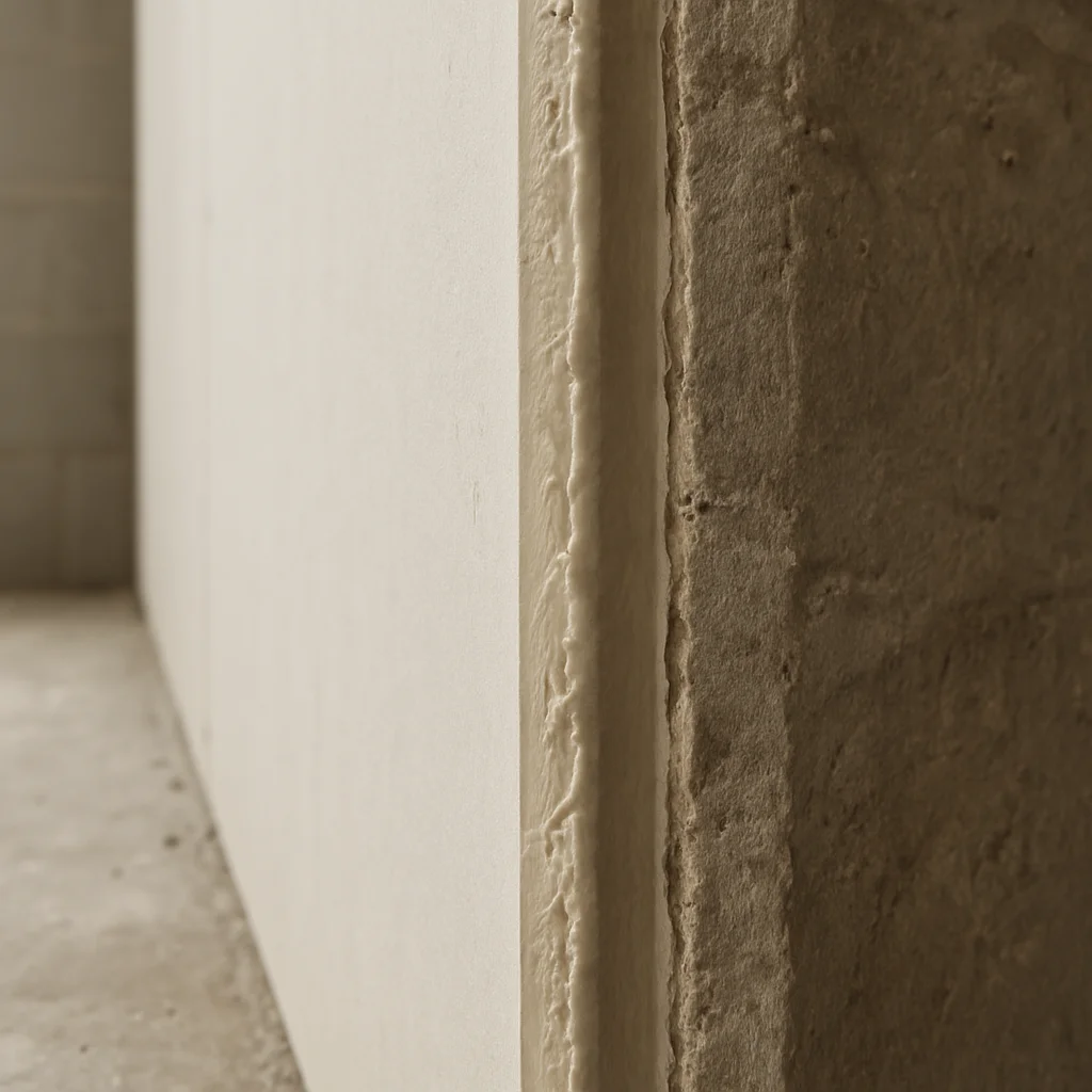 Documentary construction photograph, sealed material joints along a partition wall edge, close macro detail, soft natura