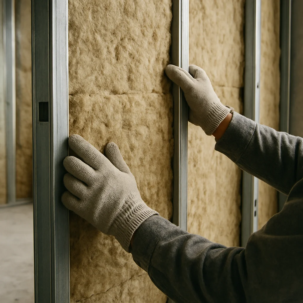Documentary construction photograph, close detail of mineral wool batting fitted tightly between steel studs in an offic